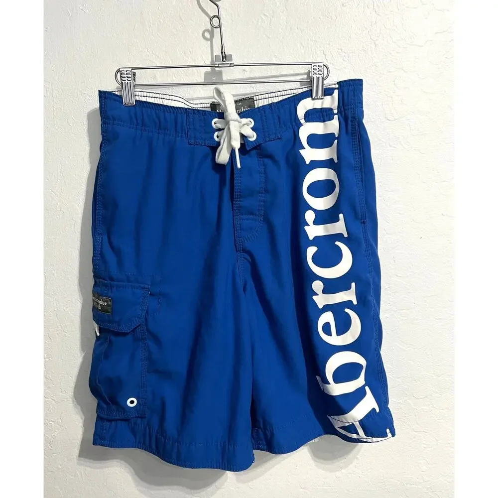 VTG Abercrombie Fitch Short Mens Small Y2K Boardshort Blue Spellout Swim